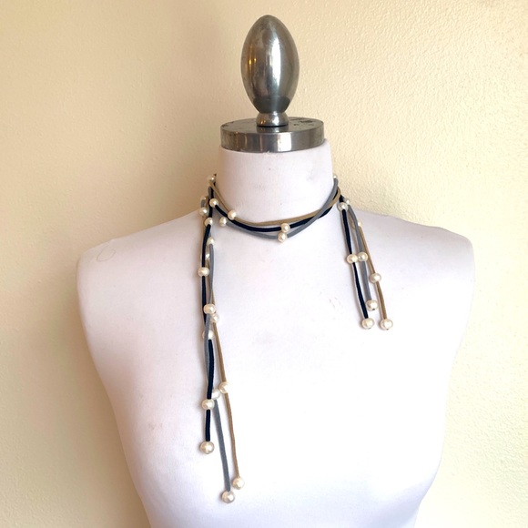 Leather Pearl Strand Statement Necklace - Picture 2 of 8